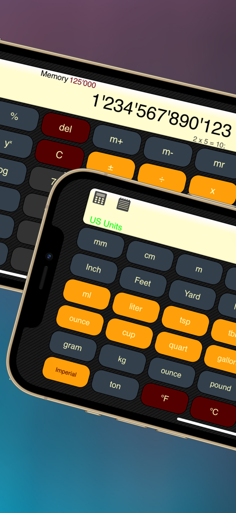 Calculator XLt - Interface of Calculator XLt app showing a standard calculator and a unit converter with large buttons on an iPhone