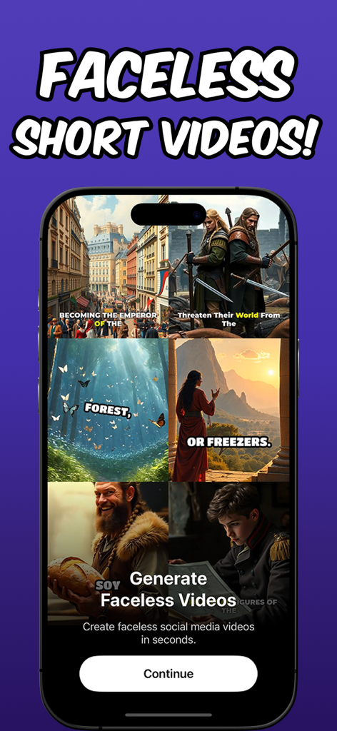 Faceless - AI Video Generator - A mobile app interface showing a grid of AI-generated video clips for faceless social media channels