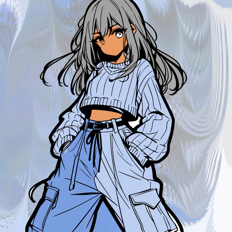 anime teen girl with baggy pants and crop top with sweater