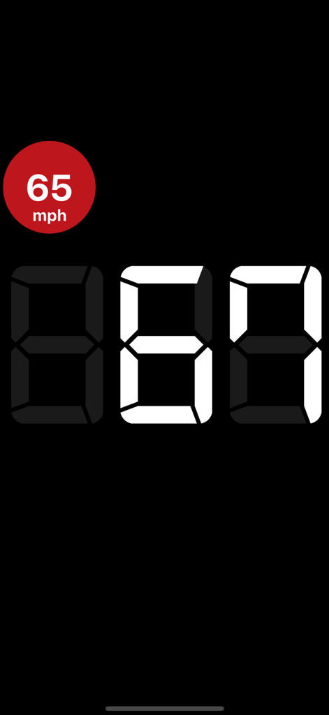 Digital speedometer display with large white digits and a red speed limit warning.