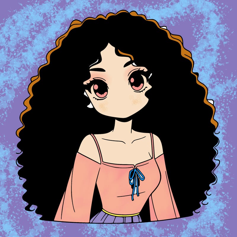 a black anime girl with long afro hair