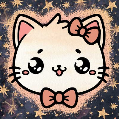 kawaii cat with a bow tie hanging from his ear