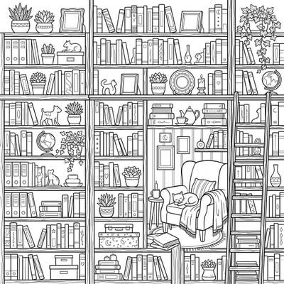 Explore a magnificent wall of packed bookshelves, brimming with stories and curiosities, waiting for your artistic touch. Discover a serene reading nook, complete with a sleeping cat, inviting you to color a world of literary charm.
