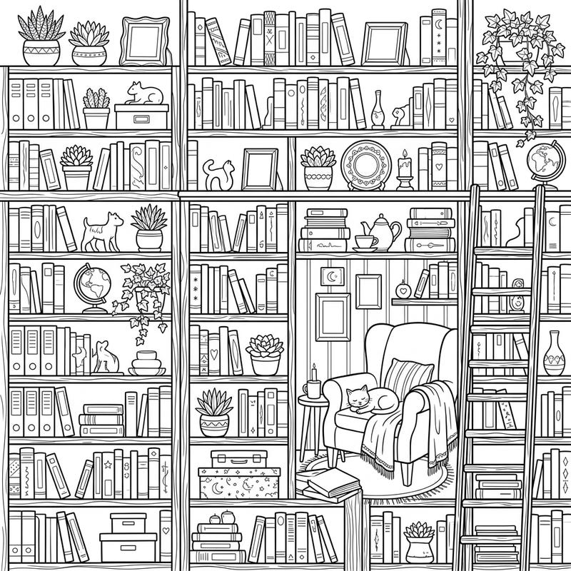 Explore a magnificent wall of packed bookshelves, brimming with stories and curiosities, waiting for your artistic touch. Discover a serene reading nook, complete with a sleeping cat, inviting you to color a world of literary charm.