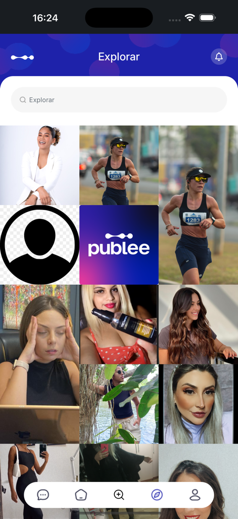 Pantalla de la aplicación móvil que muestra una cuadrícula de creadores de contenido diversos en la sección explorar