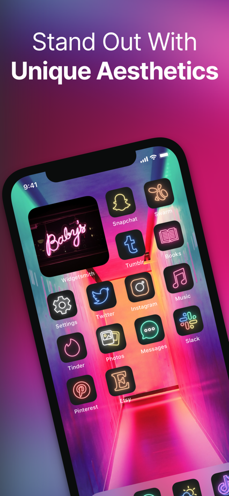 App Icons Customizer - Themes - Una pantalla de inicio de iPhone personalizada con un tema de estética neón con iconos de aplicaciones únicos y un widget de letrero de neón.