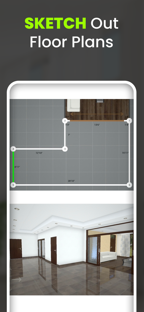 Home Design 3D : Designverse - Interfaz de la aplicación Home Design 3D Designverse mostrando un boceto de plano de planta 2D con medidas y una vista de habitación 3D correspondiente