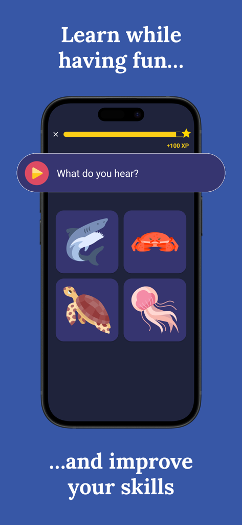Exercice d'écoute interactif avec des illustrations d'animaux marins dans l'application d'apprentissage du finnois