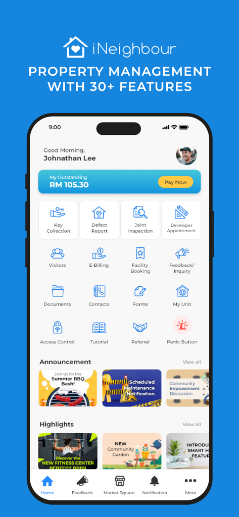 i-Neighbour - The i-Neighbour mobile app dashboard displaying residential management features including e-billing, visitor registration, and facility booking.