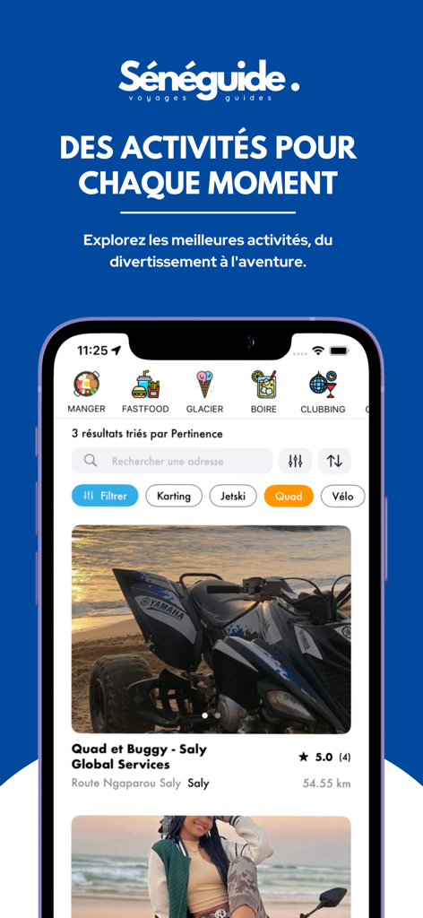 Interfaz de la aplicación móvil SénéGuide que muestra una lista de actividades y excursiones de viaje en Senegal, incluidas las motos cuatriciclo.