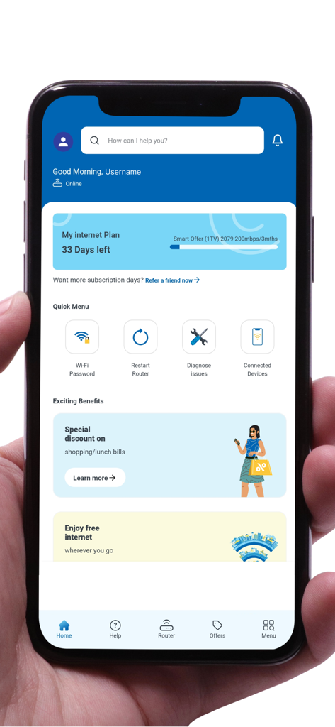 myWorldLink - The home screen of the myWorldLink app showing internet plan details and quick menu icons