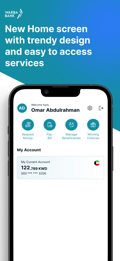 SiDi - Tela inicial do SiDi pelo Warba Bank mostrando o saldo da conta e botões de acesso rápido para serviços financeiros