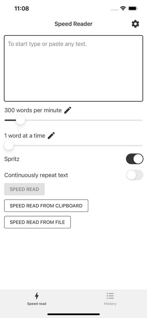 Speed Reader for Speed Reading - Speed Reader app interface showing words per minute settings and text input area