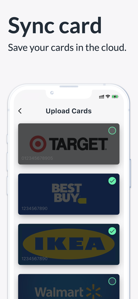 Interface showing the cloud sync feature of the Fotom app with digital loyalty cards for Target, Best Buy, IKEA, and Walmart.