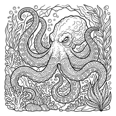 Immerse yourself in an epic undersea world with this striking giant octopus coloring page. Featuring a magnificent octopus with patterned tentacles surrounded by a bustling coral reef, it promises an engaging coloring experience for all.