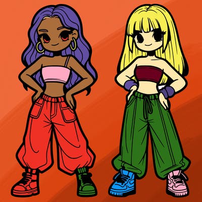 two girl in crop top and baggy pants