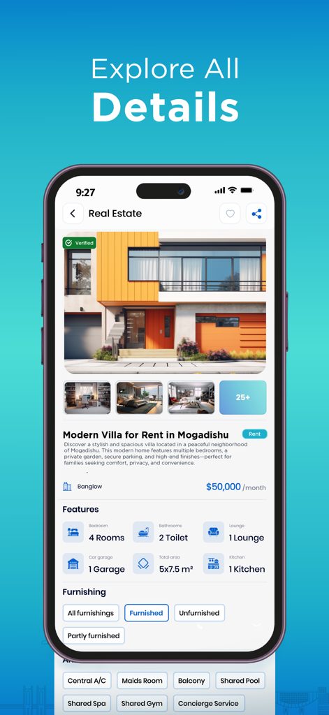 Homekey Finder 不動産アプリの詳細な物件リスティング画面。アメニティと価格が表示された、賃貸用のモダンなヴィラが表示されています。