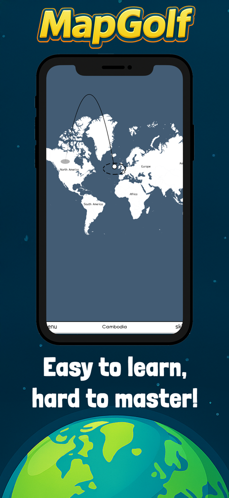 MapGolf: Learn Geography - A screenshot of the MapGolf game showing a golf ball trajectory across a minimalist world map on a smartphone.