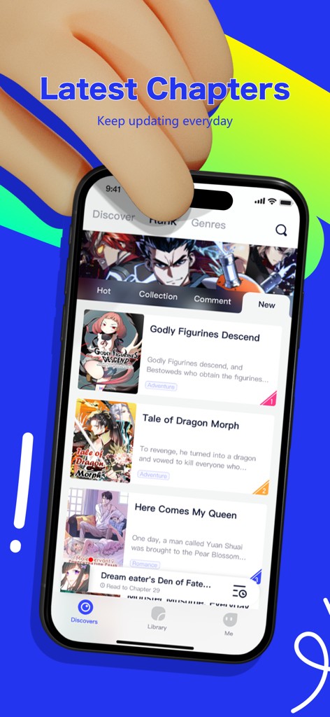 Smartphone screen displaying the Manga Mango app interface with daily updated comic chapters and popular rankings
