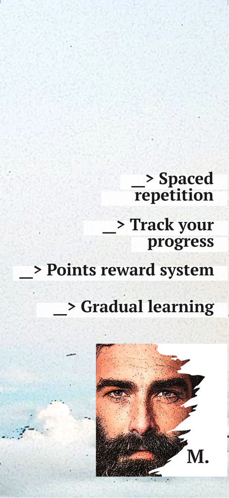 mmmarcus: a stoic mindset - A screenshot of the mmmarcus app highlighting features like spaced repetition and progress tracking