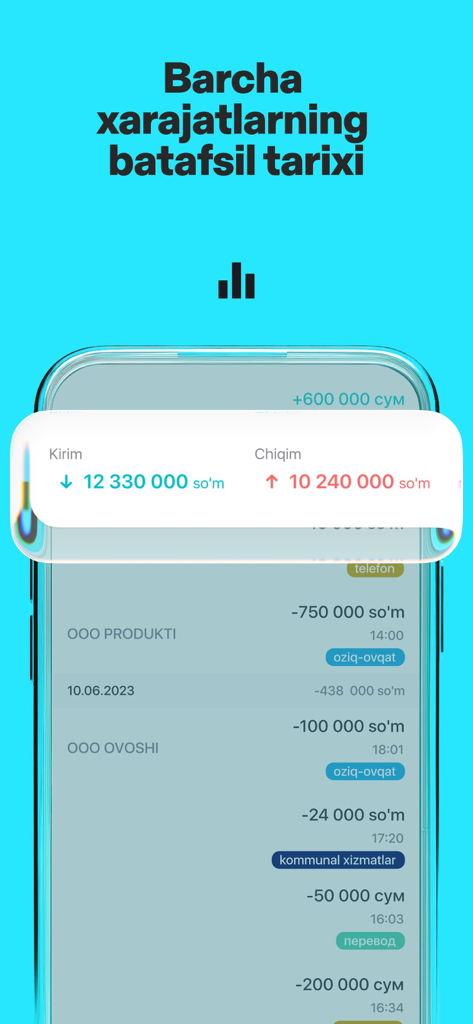 Mobile app screen showing detailed transaction history and financial monitoring with income and expenses in Uzbek Som