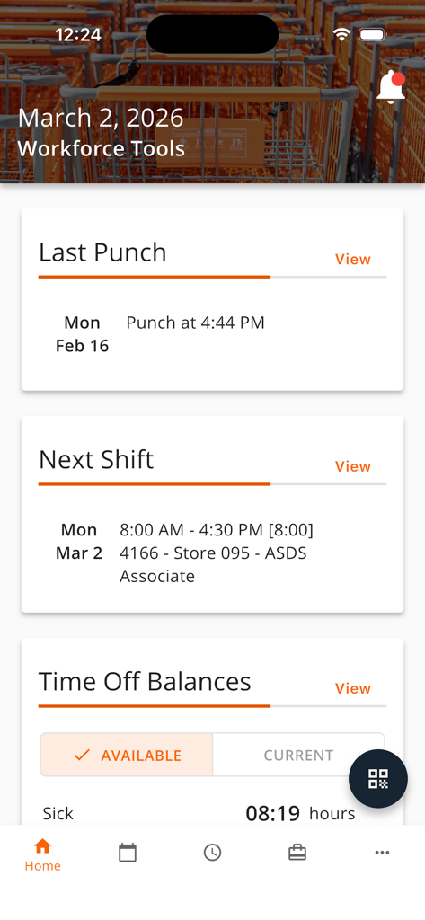 Home screen of the Workforce Tools app for Home Depot employees displaying shift schedules and time off balances.