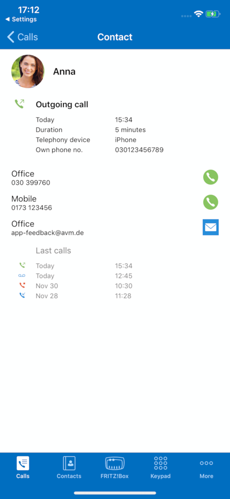 Interface of FRITZ!App Fon showing contact details and call history on an iPhone