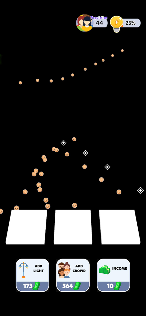 City Lights 3D - Écran du jeu mobile City Lights 3D montrant le nombre d'habitants et les options pour ajouter des lumières et des foules