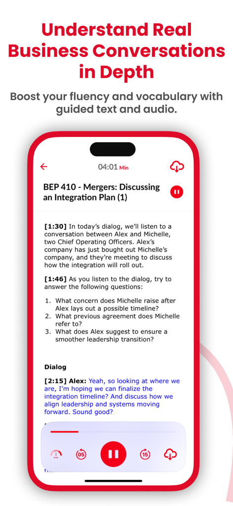 Captura de pantalla de la aplicación Business English que muestra la transcripción de una lección sobre fusiones corporativas con controles de audio.