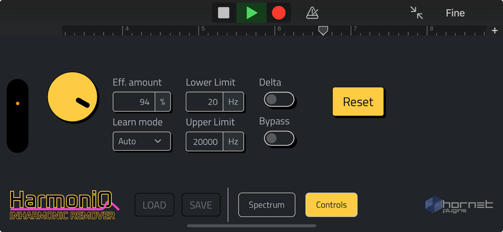 Interface of the HoRNet HarmoniQ AUv3 plugin featuring frequency limits and effect amount controls.