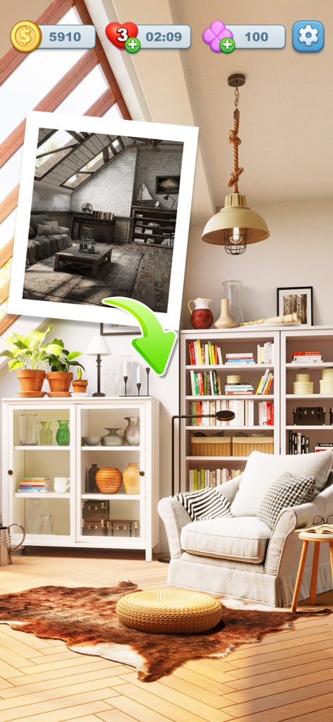 Screw Frenzy: ASMR Home - Un confronto fianco a fianco che mostra una stanza disordinata in bianco e nero trasformarsi in uno spazio abitativo moderno e luminoso con mobili e libri.