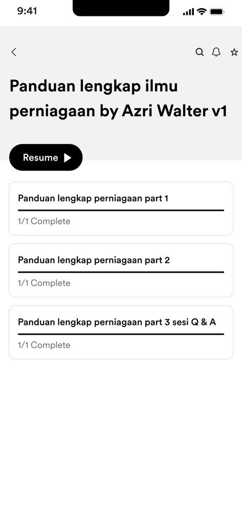 Walter University - Course curriculum interface in Walter University app showing completed business guide modules by Azri Walter