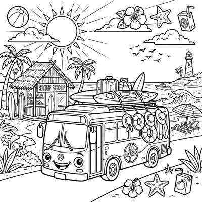 Get ready for a sun-soaked journey with this exciting hybrid bus coloring page. It's packed with summer vacation vibes, perfect for creative teens to bring to life.