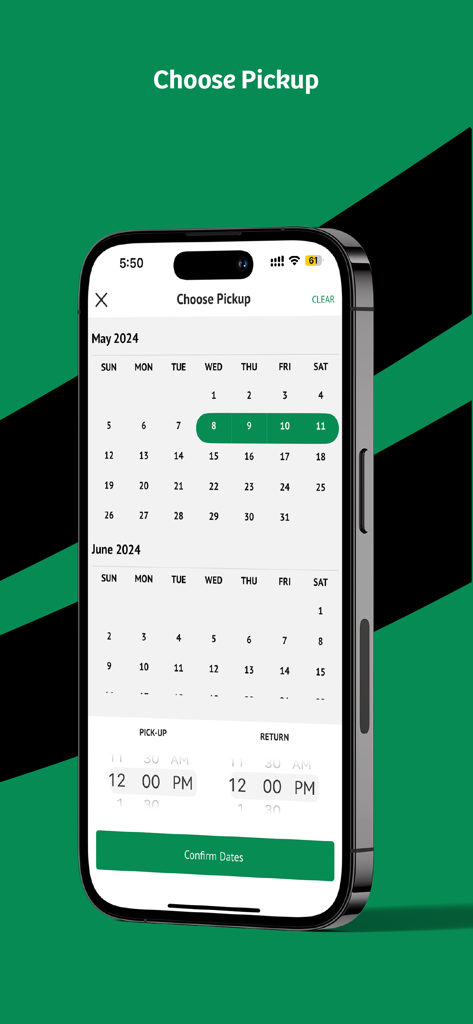 Ajar | Enterprise - A calendar interface for choosing car rental pick-up and return dates in the Ajar Enterprise app.