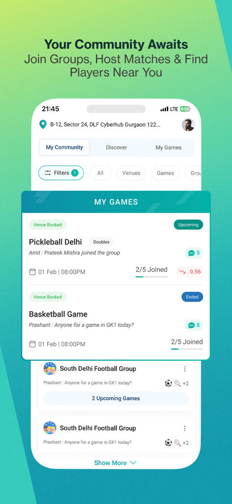 Hudle app screen showing upcoming pickleball and basketball games with options to join local sports communities