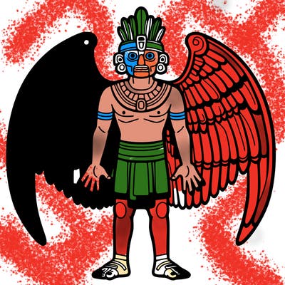 a human representing quetzalcoatl facing forward and full body