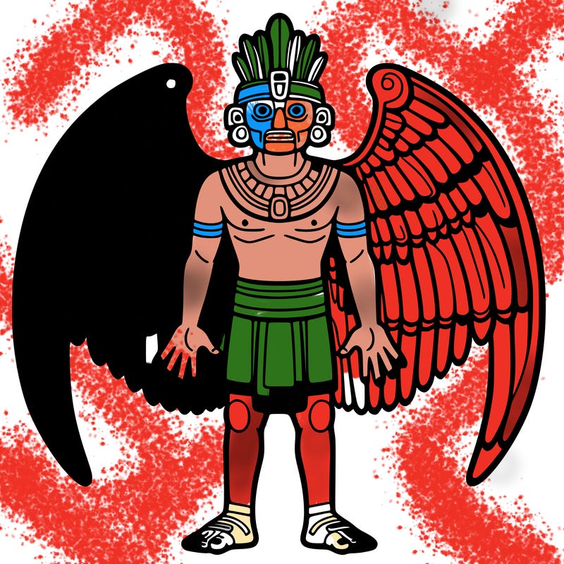a human representing quetzalcoatl facing forward and full body
