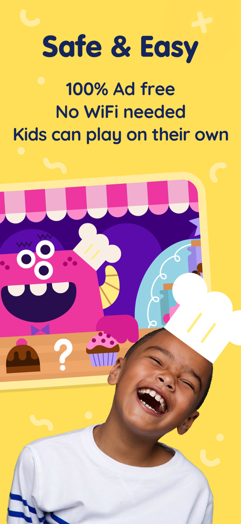 Laughing child next to colorful Thinkrolls game interface with text about safe and ad-free play