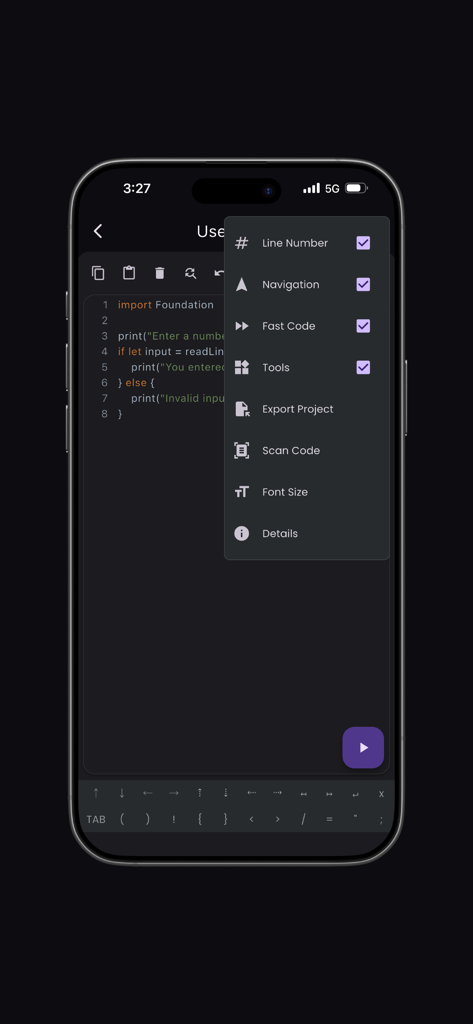 SwiftCore ‎Compiler(Pro) - Interfaz de la aplicación SwiftCore Compiler Pro que muestra el editor de código con un menú de opciones abierto para navegación y funciones de código rápido.