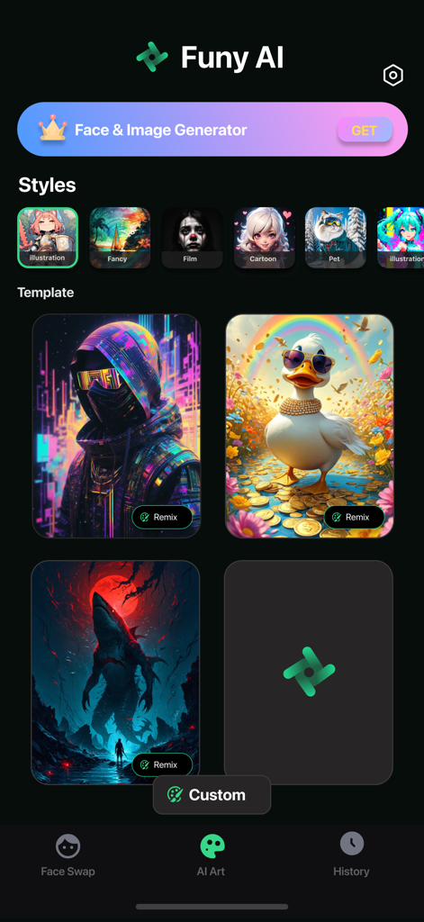Funy AI app interface showing AI art styles and creative templates for image generation
