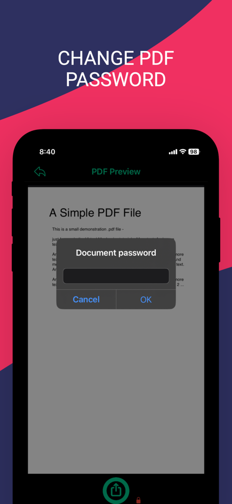 iPhone app interface showing a document password prompt to change a PDF password
