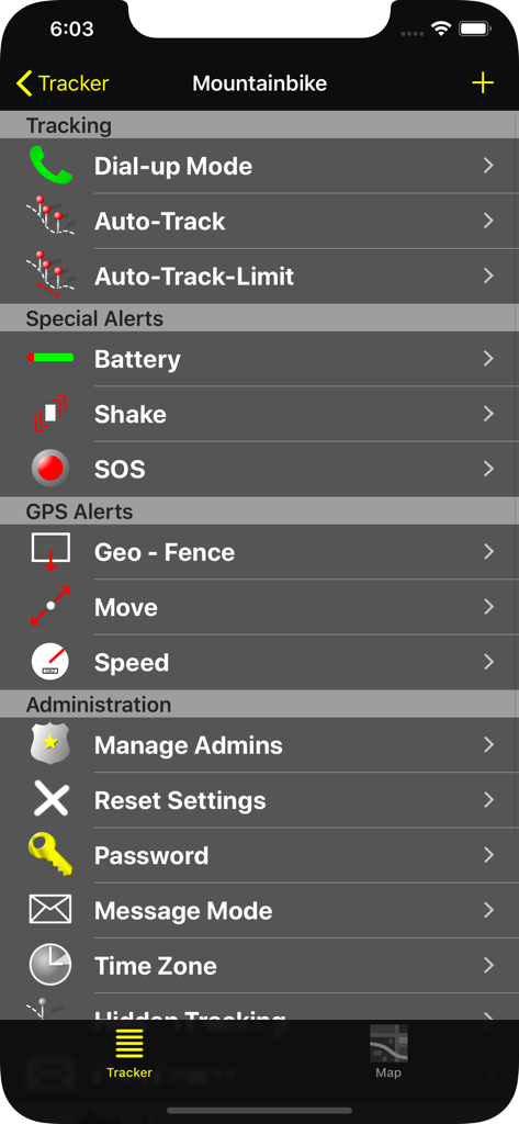 GPS Tracker Tool - Interfaccia dell'app Strumento Tracker GPS che mostra le opzioni di comando per un tracker hardware, inclusi geo-recinto e avvisi SOS