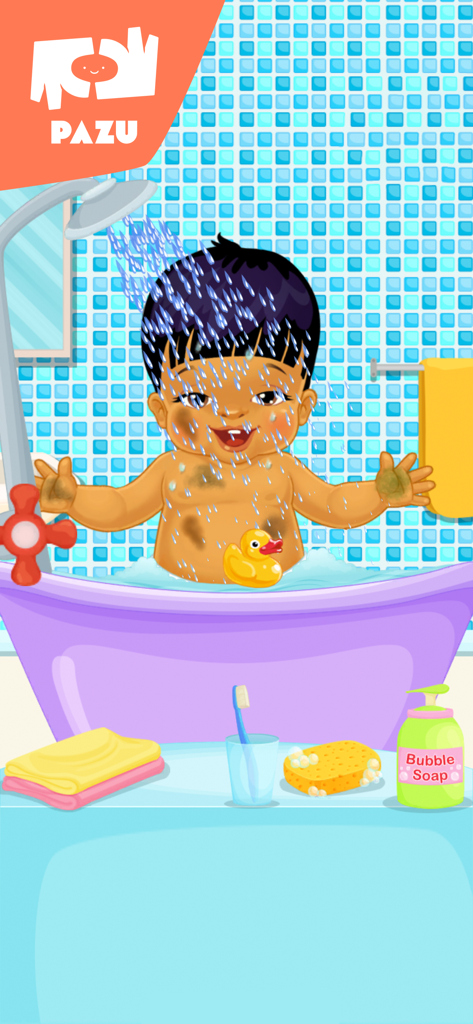 A dirty baby character taking a bath with a rubber duck and bath accessories in a kids game