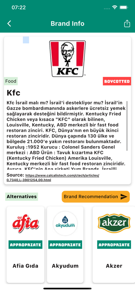 Boycott Detective - Captura de tela do aplicativo Boycott Detective mostrando o KFC como uma marca boicotada com alternativas éticas