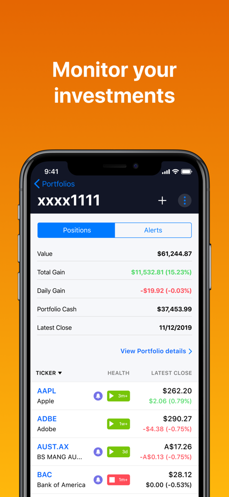 TradeSmith - TradeSmith mobile app screen showing investment portfolio performance and stock indicators