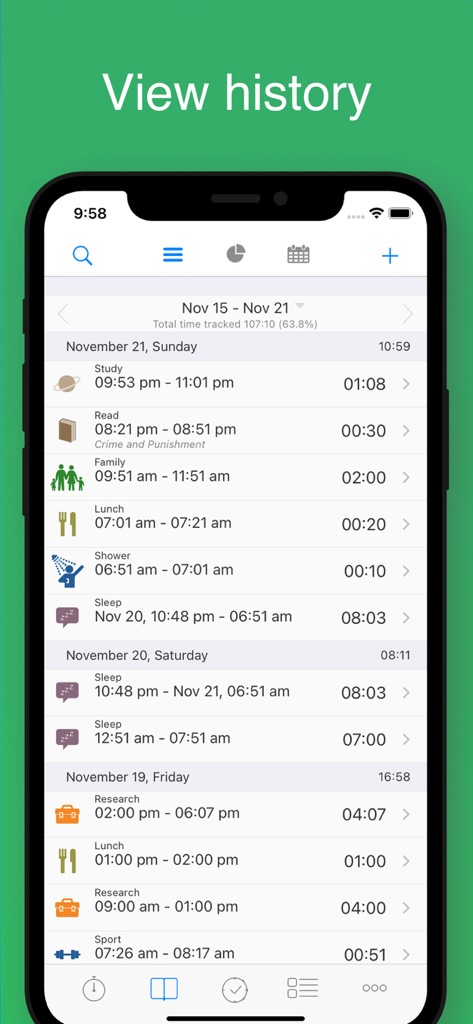 aTimeLogger Time Tracker - Un historial detallado de actividades diarias y duraciones rastreadas en la aplicación aTimeLogger