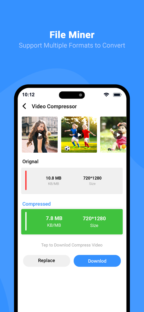 Interfaz de la aplicación File Miner que muestra un video comprimiéndose de 10.8 MB a 7.8 MB manteniendo la resolución.