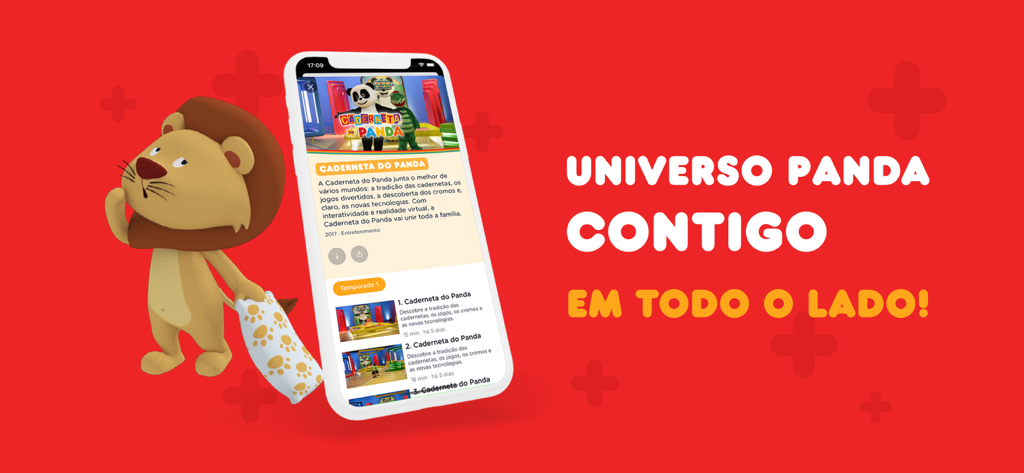 Interfaz de la aplicación móvil Panda plus mostrando programas infantiles portugueses con una mascota león de dibujos animados