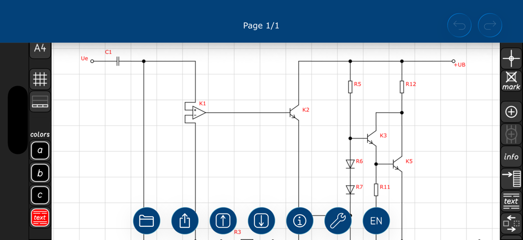 Esquema de circuito electrónico con transistores y resistencias diseñado en la aplicación Circuit Planner