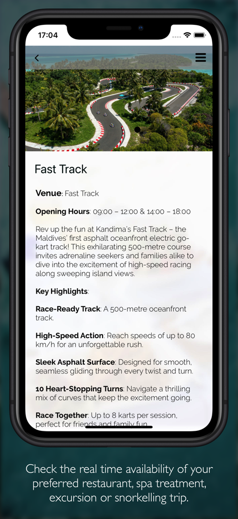 Kandima Maldives app screen showing Fast Track go kart track details